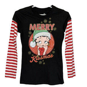 Betty Boop Christmas Merry Kissmas T-Shirt Juniors Sz Small (3/5) Black‎ Glitter